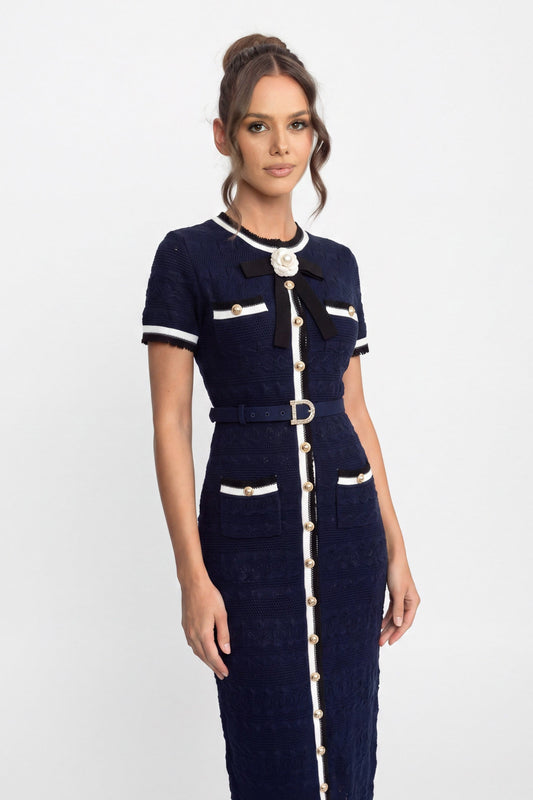 Knit Short Sleeve Midi Dress with White Piping and Gold Buckle Belt – Navy – view 2