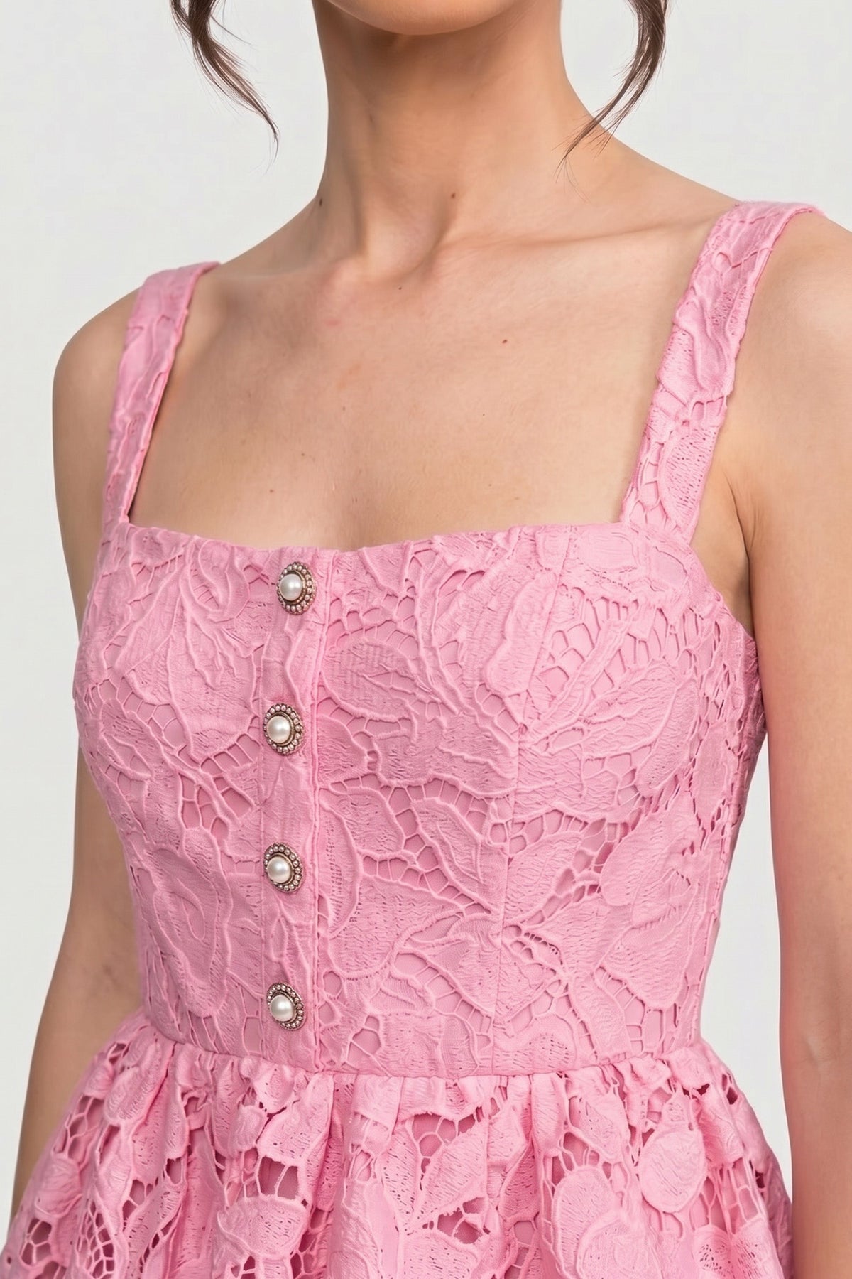 Square Neck Lace Peplum Midi Dress with Golden Buttons – Pink – view 5