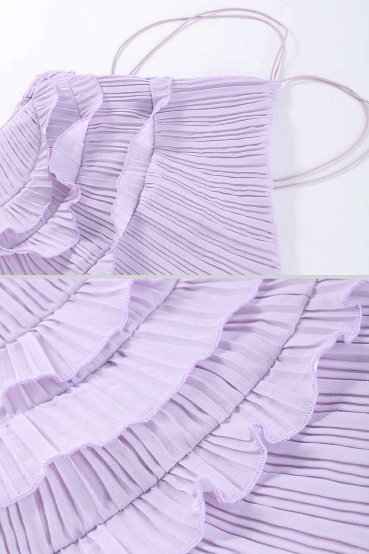 Accordion Pleated Halter Midi Dress with Cascading Ruffles – Lavender – view 12