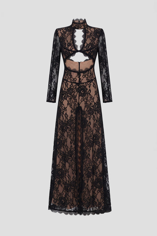 High Neck Long Sleeve Lace Gown with Cutouts and Front Slit – Black – view 2