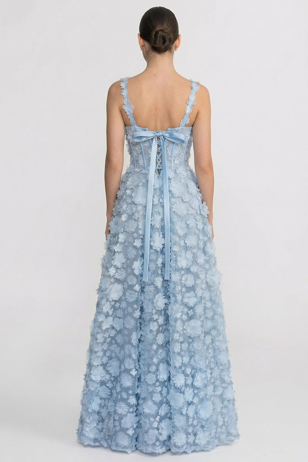 Floral Appliqué Corset Bodice Sweetheart Neck Maxi Dress – Blue