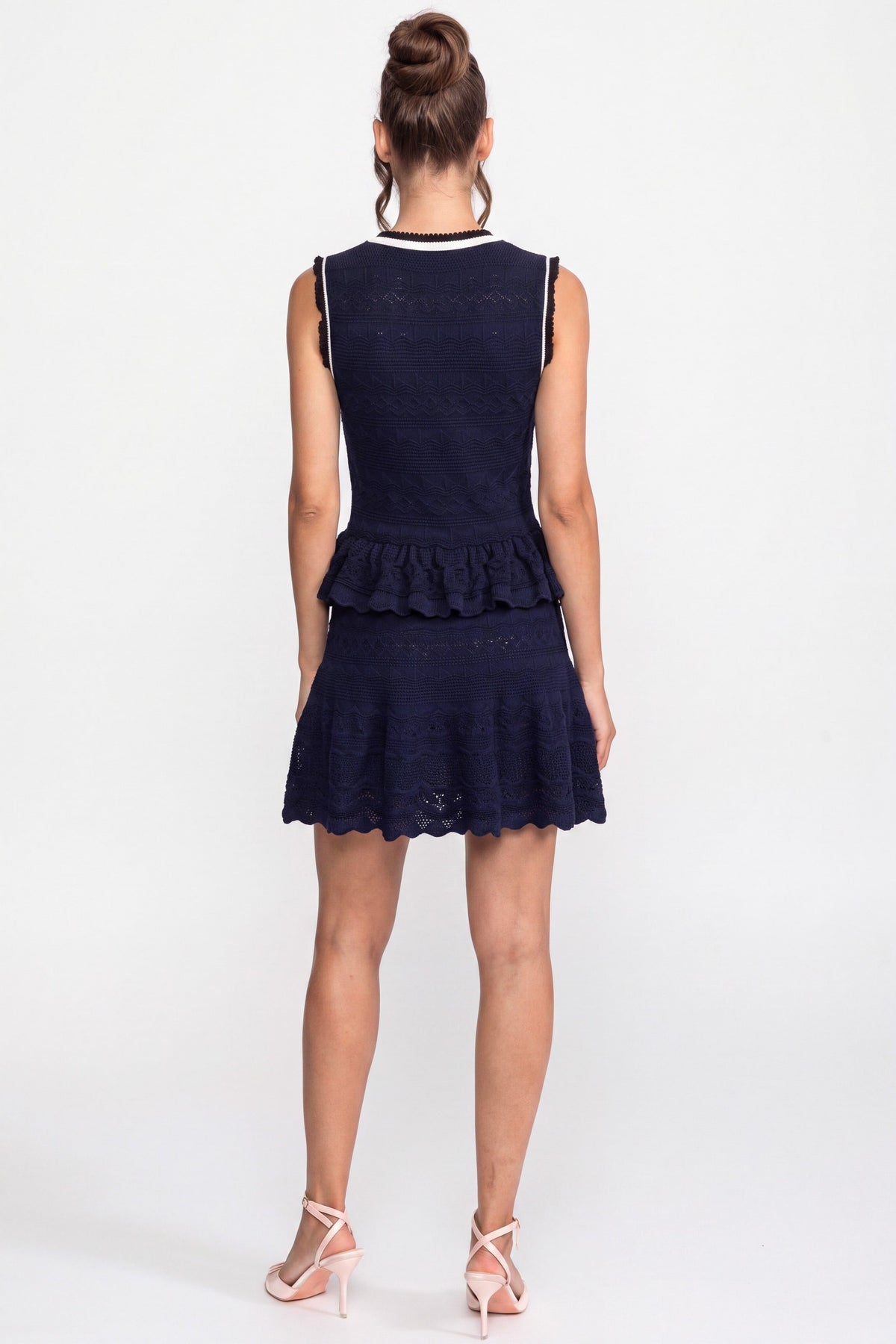 Knit Peplum Mini Dress with Contrast Trim and Bow Detail – Navy – view 6