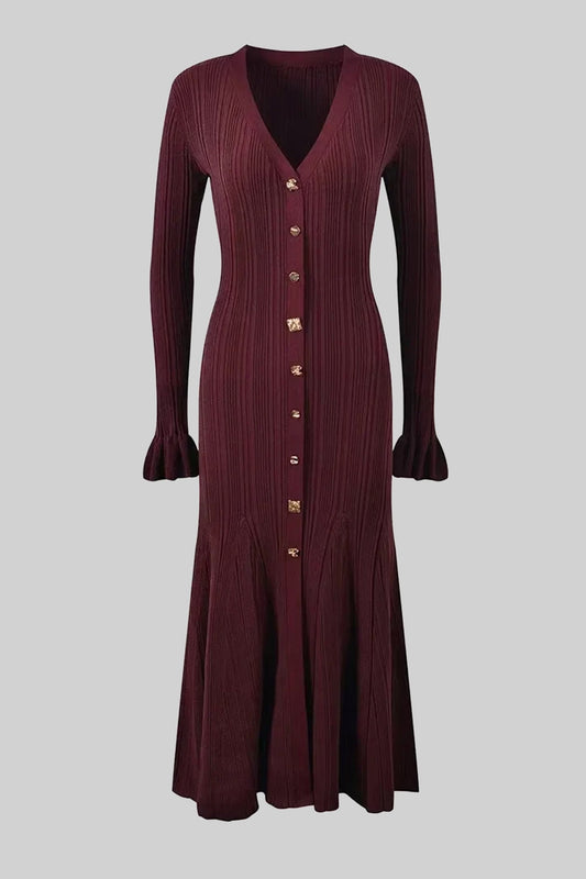 V-Neck Button-Front Ribbed Knit Maxi Dress with Ruffle Cuffs – Burgundy – view 2