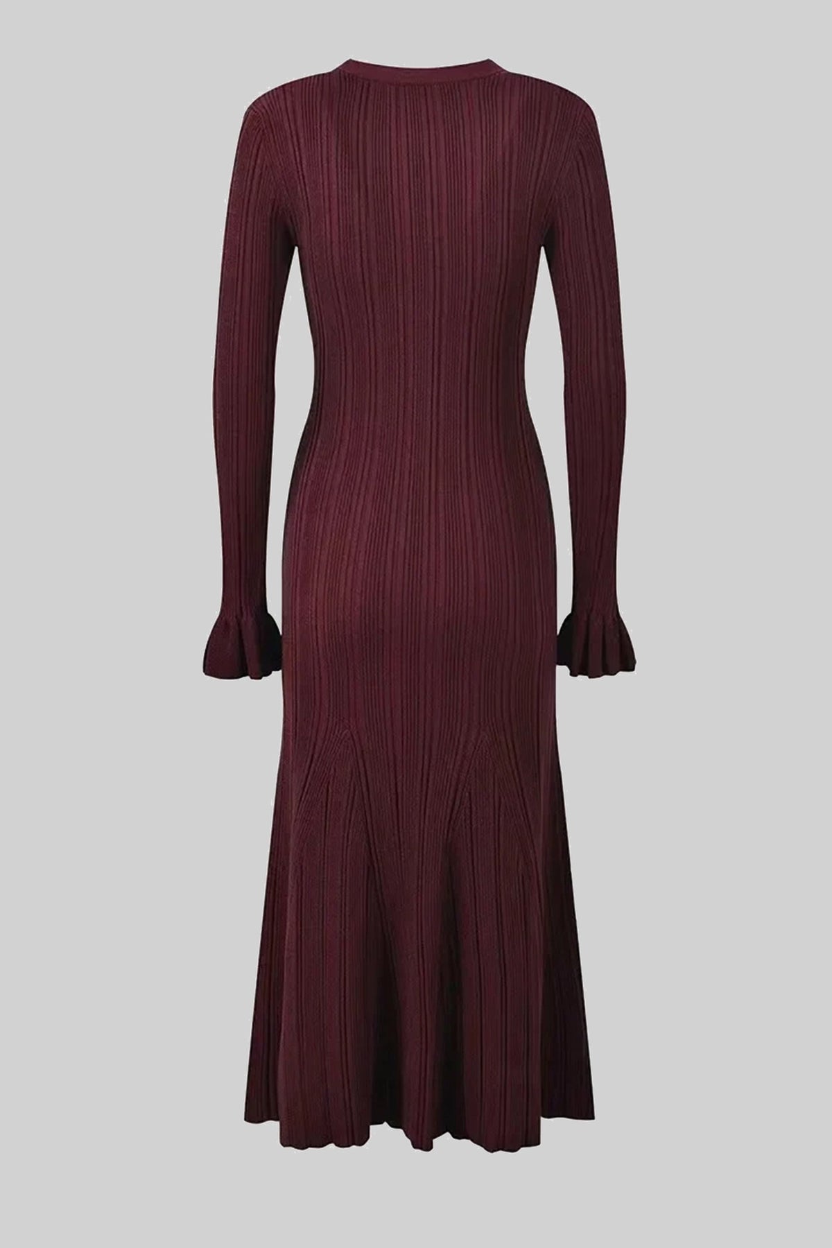 V-Neck Button-Front Ribbed Knit Maxi Dress with Ruffle Cuffs – Burgundy – view 12