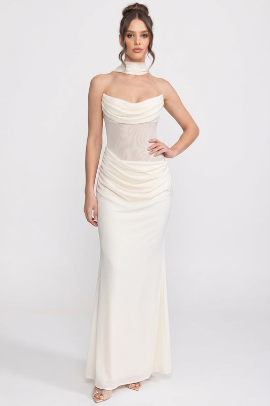 Strapless Draped Mermaid Maxi Gown with Cowl Neck and Sheer Scarf – White – view 2
