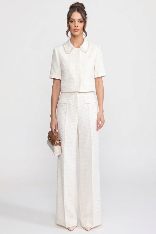 High Waisted Embellished Tweed Wide Leg Trousers with Patch Pockets – Ivoire – view 2