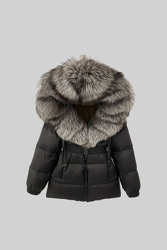 Belted Duck Down Puffer Jacket with Grey Lined Hood – Black – view 2