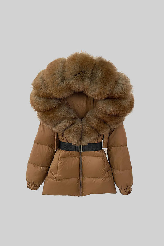 Belted Duck Down Puffer Jacket with Brown Lined Hood – Brown – view 2