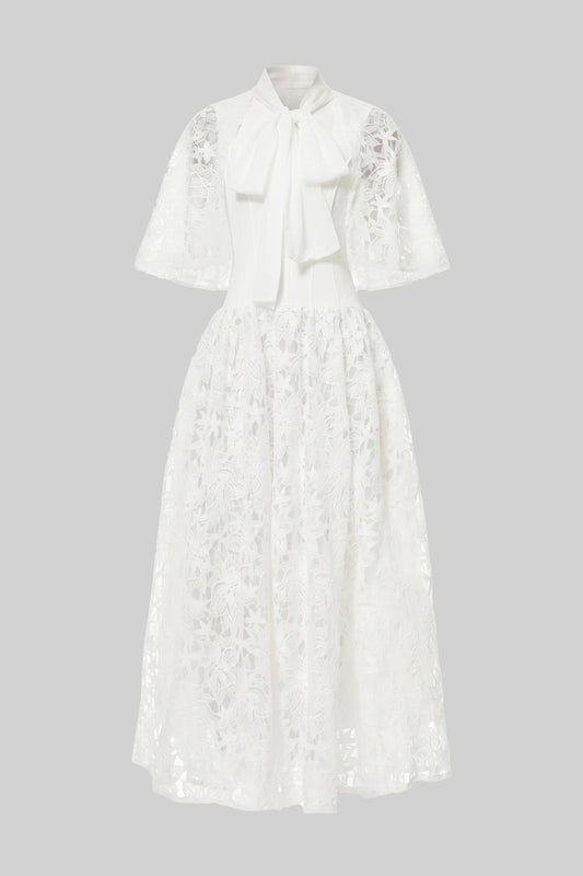 Floral Lace Flutter Sleeve Maxi Dress with 3D Bow Detail – White – view 2