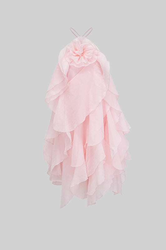 Tiered Ruffle Mini Dress with 3D Floral Halter Neck – Pink – view 2