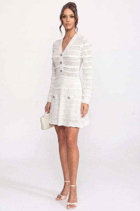 Long Sleeve Knit Fit and Flare Mini Dress with Crystal Buttons – White
