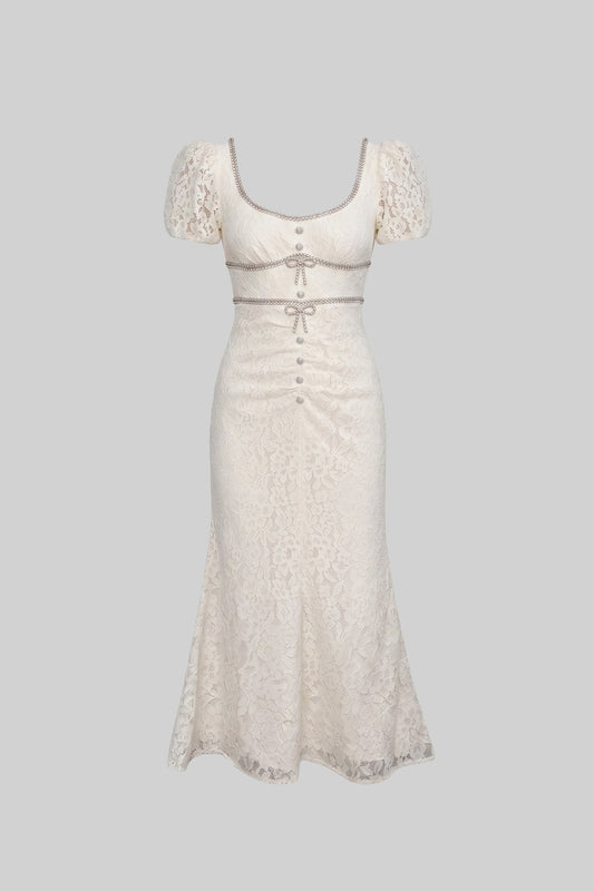 Lace Scoop Neck Puff Sleeve Dress with Button Detail – Ivory – view 2
