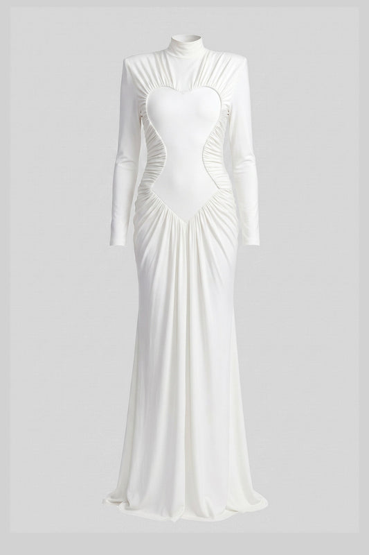 Mock Neck Long Sleeve Ruched Mermaid Gown with Train – White – view 2