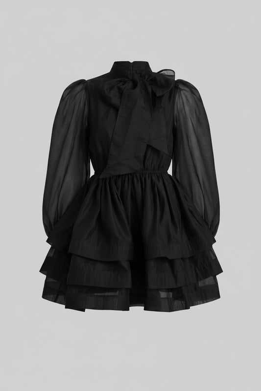 High Neck Bow Puff Sleeve Mini Dress with Tiered Ruffle Skirt – Black – view 2