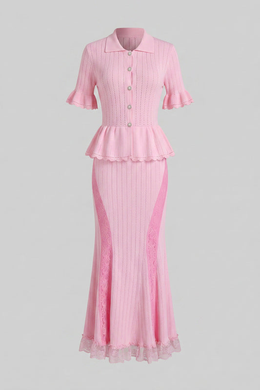 Peter Pan Collar Knit Peplum Maxi Dress with Ruffle Sleeves and Lace Hem – Pink – view 2