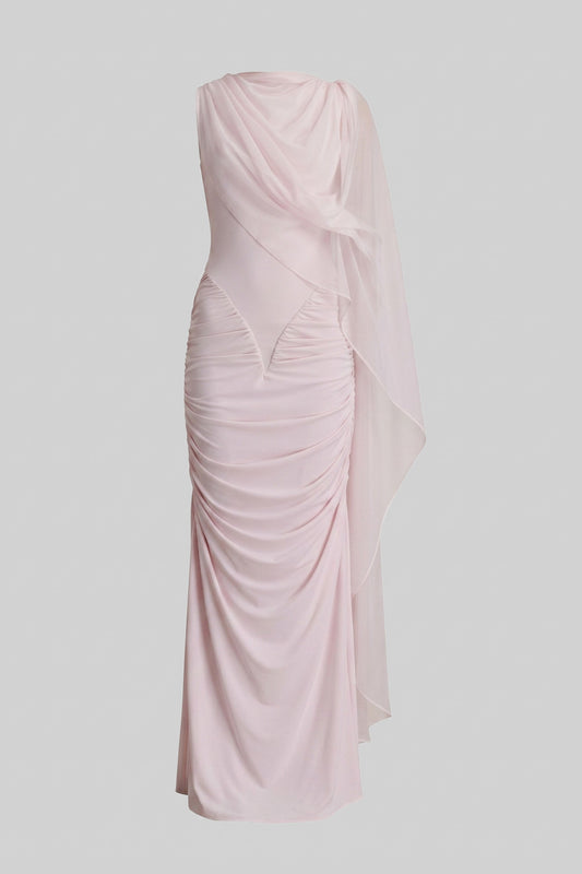 One-Shoulder Draped Maxi Dress with Sheer Scarf Detail – Pink – view 2