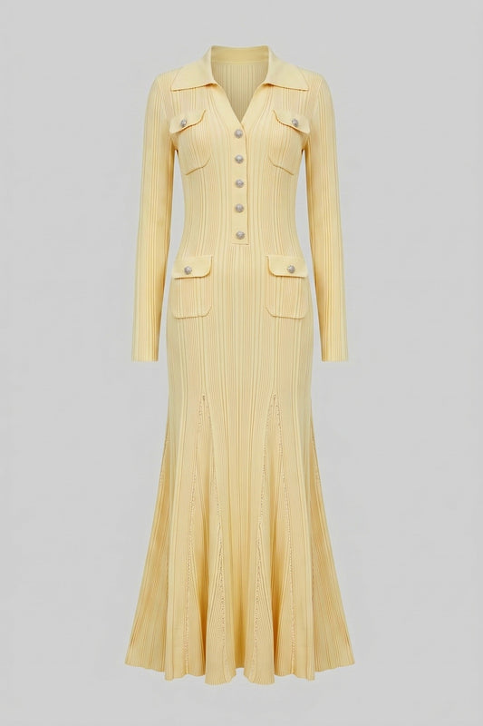 Long Sleeve Button-Front Knit Maxi Dress with Patch Pockets – Yellow