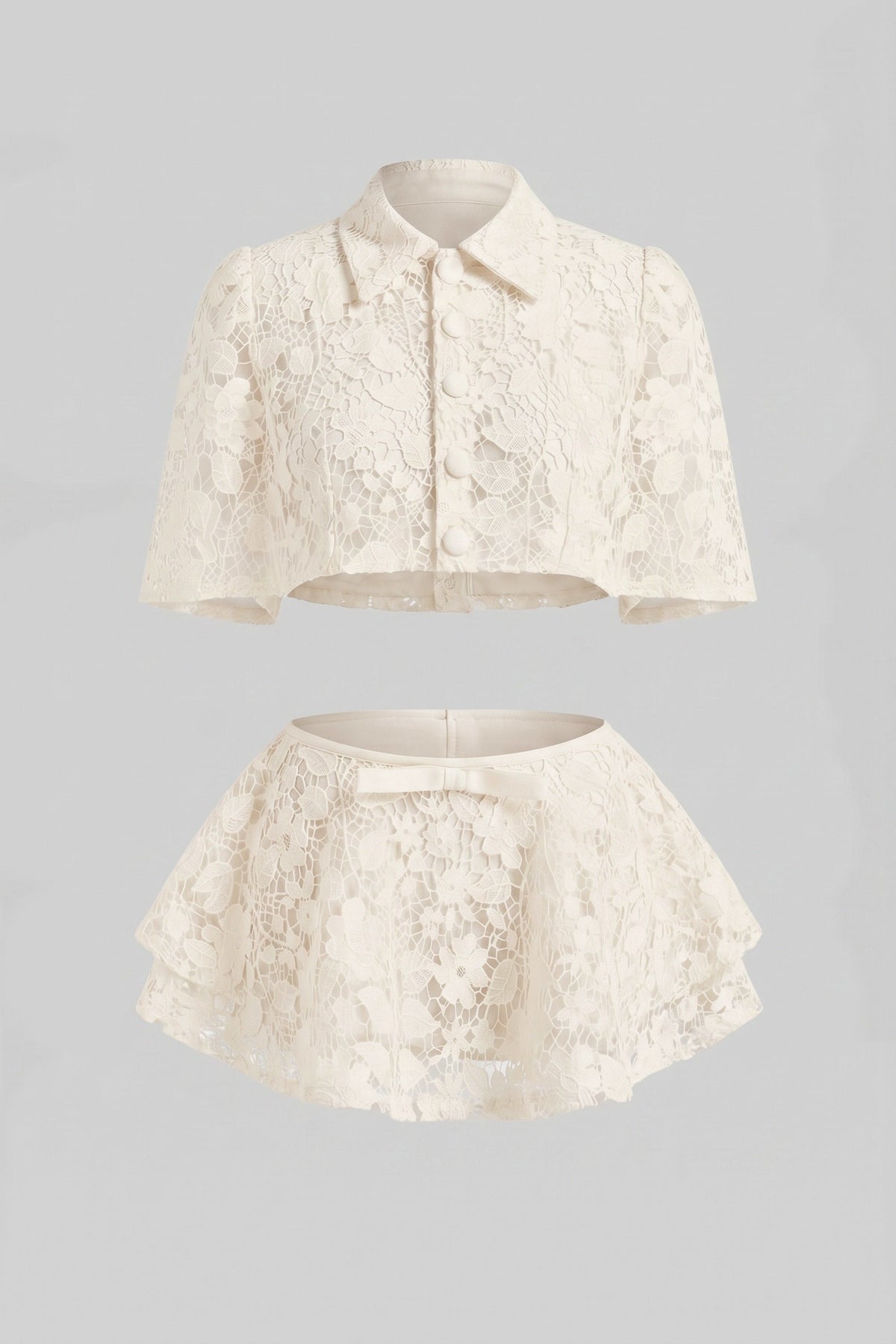 Floral Lace Button Cape and Bow Mini Skirt Co-ord Set – Ivory – view 14