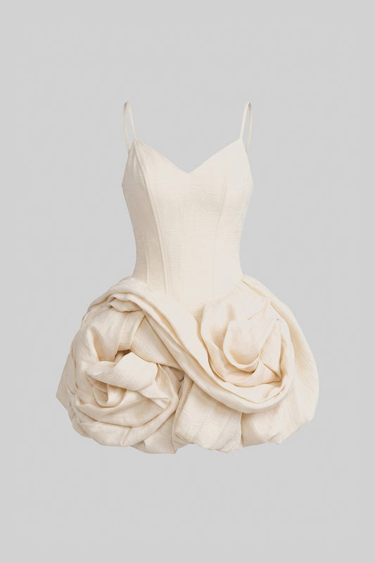 Spaghetti Strap Velvet Mini Dress with 3D Rose Skirt – Ivory
