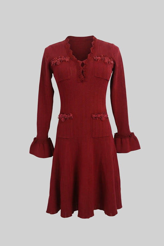 V-Neck Ribbed Knit Mini Dress with Ruffle Hem and Bow Cuffs – Burgundy