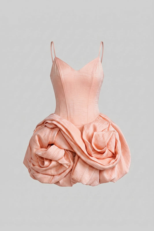 Velvet V-Neck Mini Dress with Spaghetti Straps and 3D Rose Skirt – Pink