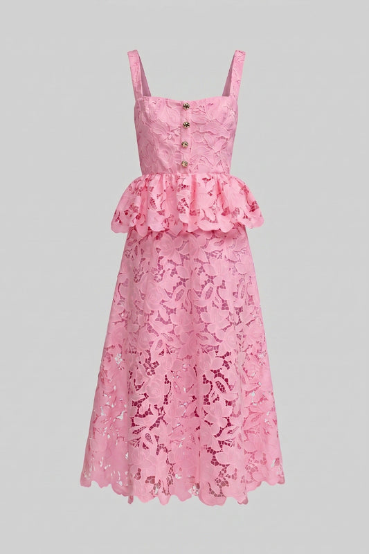 Square Neck Lace Peplum Midi Dress with Golden Buttons – Pink – view 2