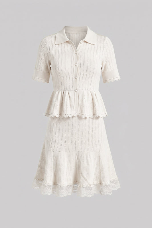 Polo Collar Ribbed Knit Peplum Top and Mini Skirt Set – White – view 2