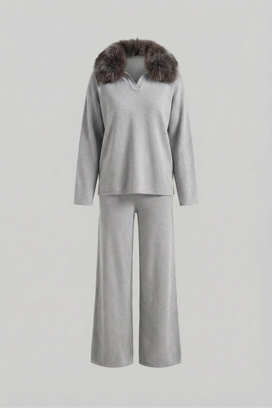 Knit Lounge Top and Straight Leg Trousers Set – Grey – view 2