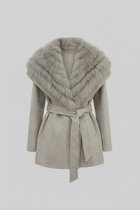 Wool Blend Coat with Oversized Shawl Collar and Belt – Light Grey – view 2