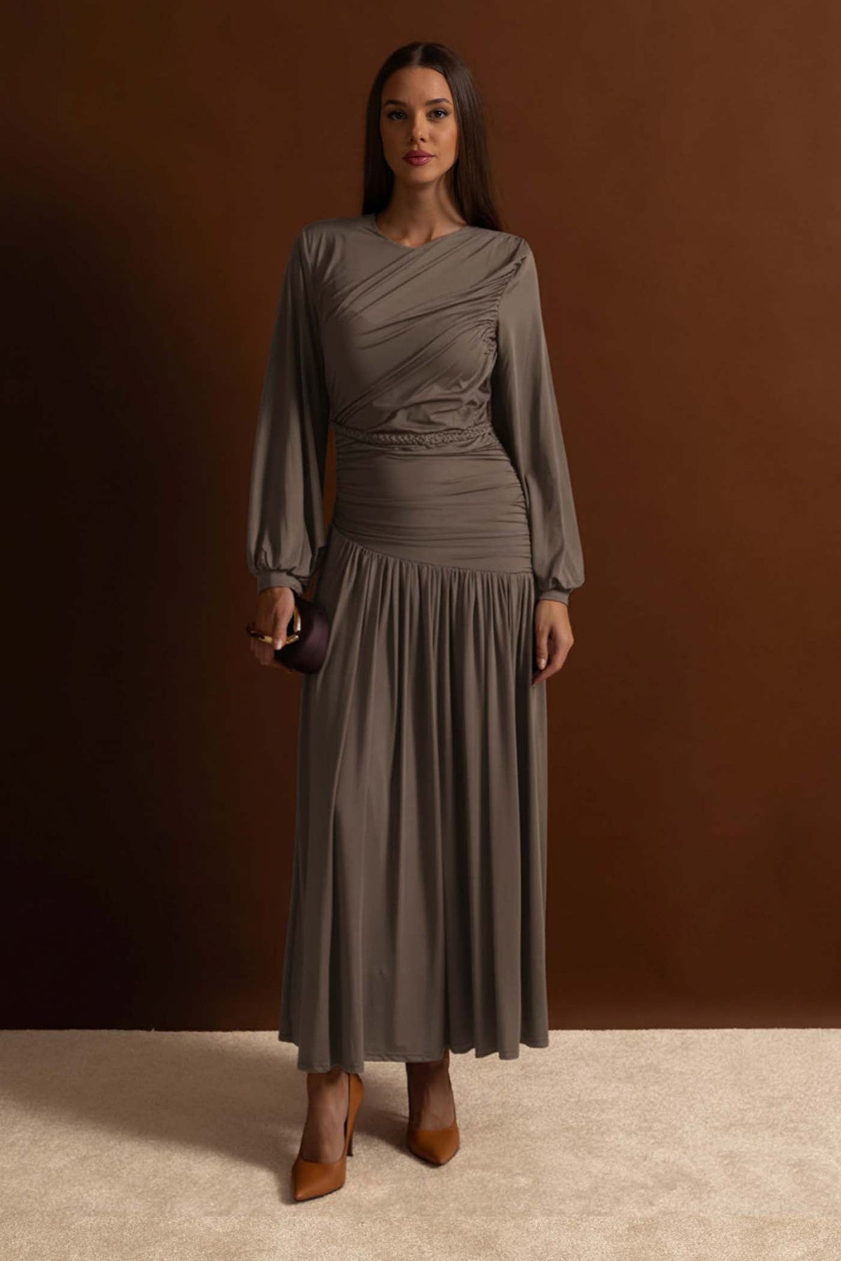 Draped Balloon Sleeve Maxi Dress with Braided Waistband – Khaki – view 5