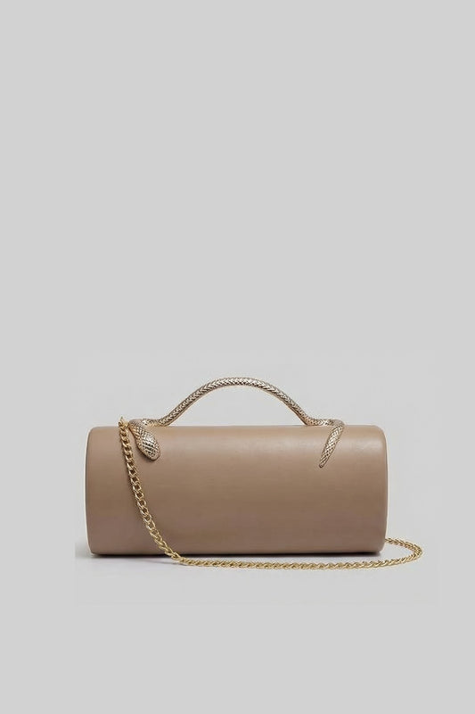 Structured Faux Leather Clutch with Snake Handle and Gold Chain – Khaki – view 2