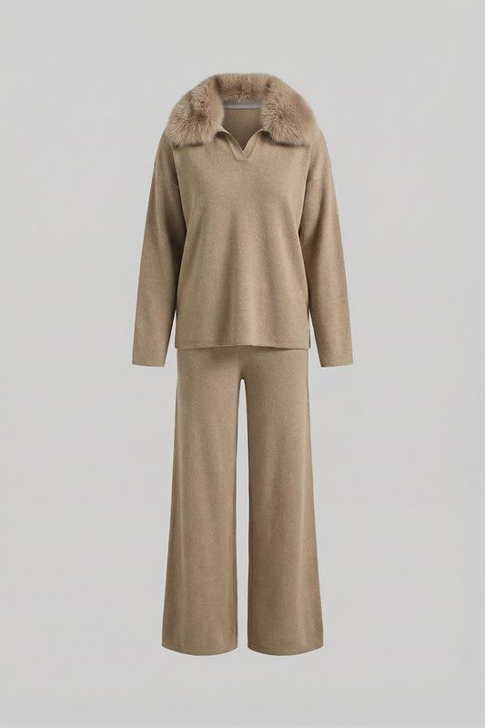 Knit Lounge Top and Straight Leg Trousers Set – Khaki – view 2