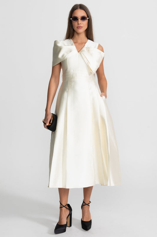 Off-Shoulder Structured Satin Midi Dress with Draped Bow Bodice – Ivory – view 2