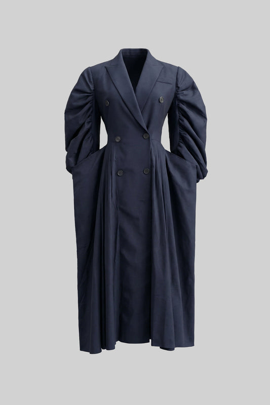 Double Breasted Lapel Midi Dress with Voluminous Sleeves – Navy – view 2