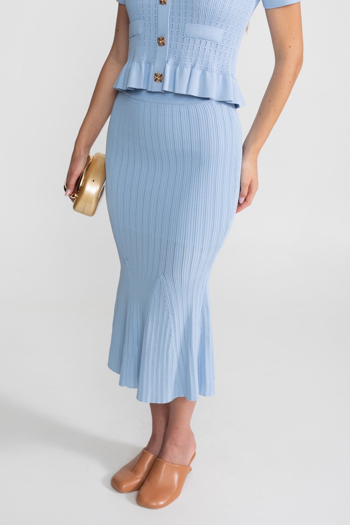Ribbed Knit Peplum Top and Midi Skirt Co-ord with Gold Buttons – Baby Blue – view 6