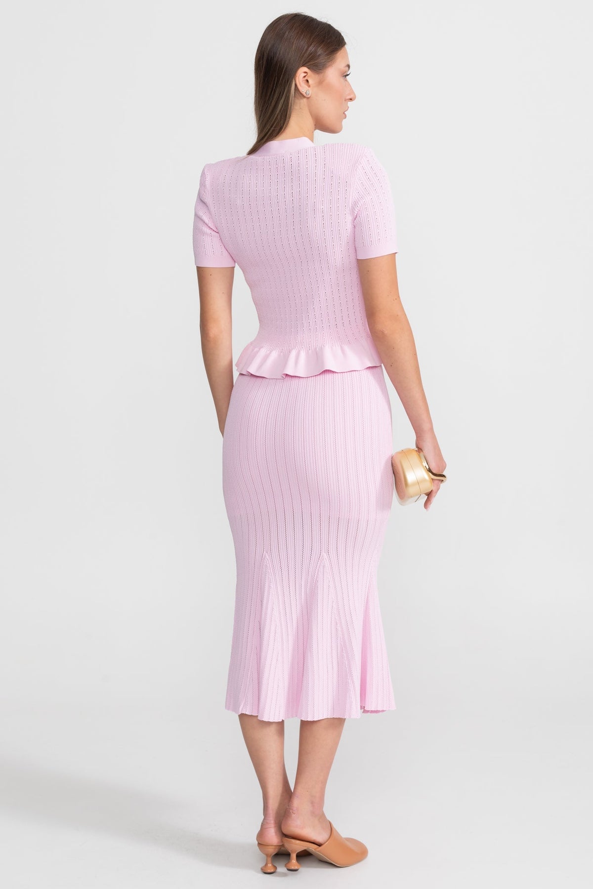 Ribbed Knit Peplum Top and Midi Skirt Co-ord with Gold Buttons – Pink – view 4