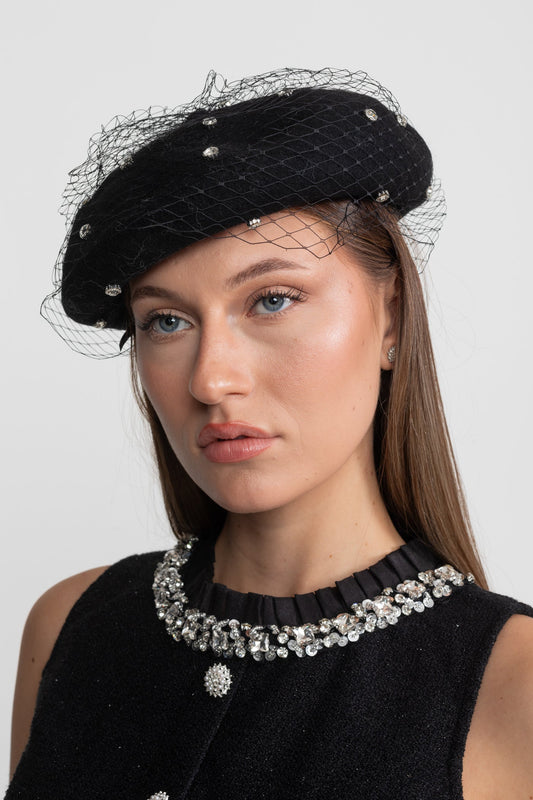 Crystal Embellished Wool Beret with Mesh Veil – Black