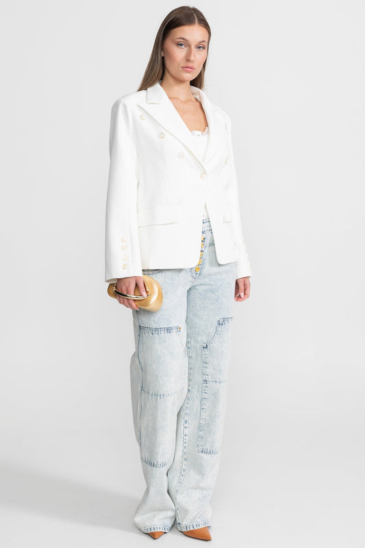 Double-Breasted Tailored Blazer with Peak Lapels and Belt – White – view 2