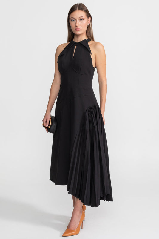 Halter Neck Keyhole Midi Dress with Side Pleated Panel – Black – view 2