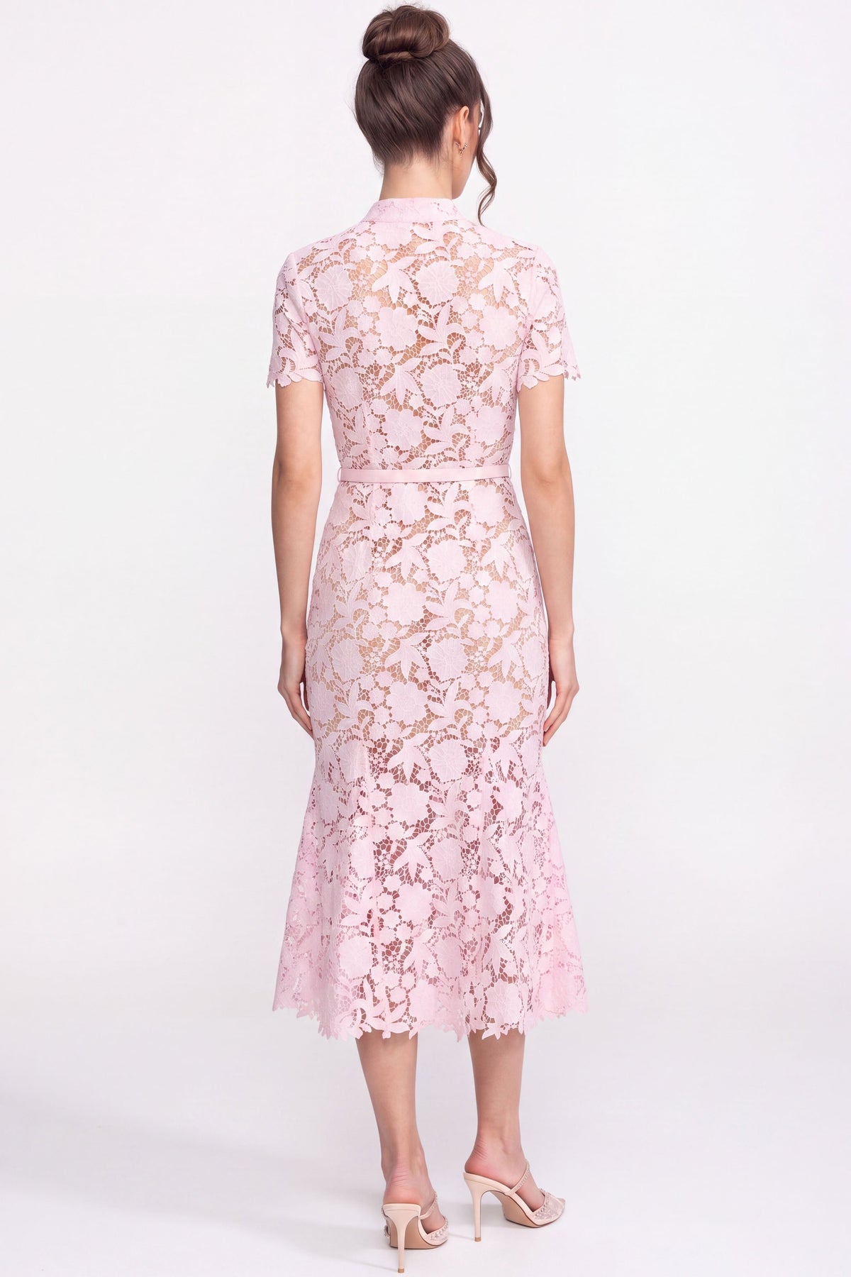 Lace Short Sleeve Collared Midi Dress with Belted Waist – Pink
