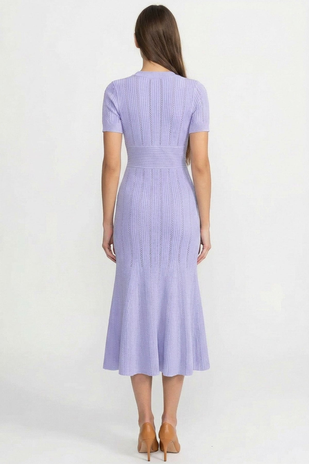 Ribbed Knit Deep V-Neck Short Sleeve Midi Dress with Gold Buttons – Lilac – view 5
