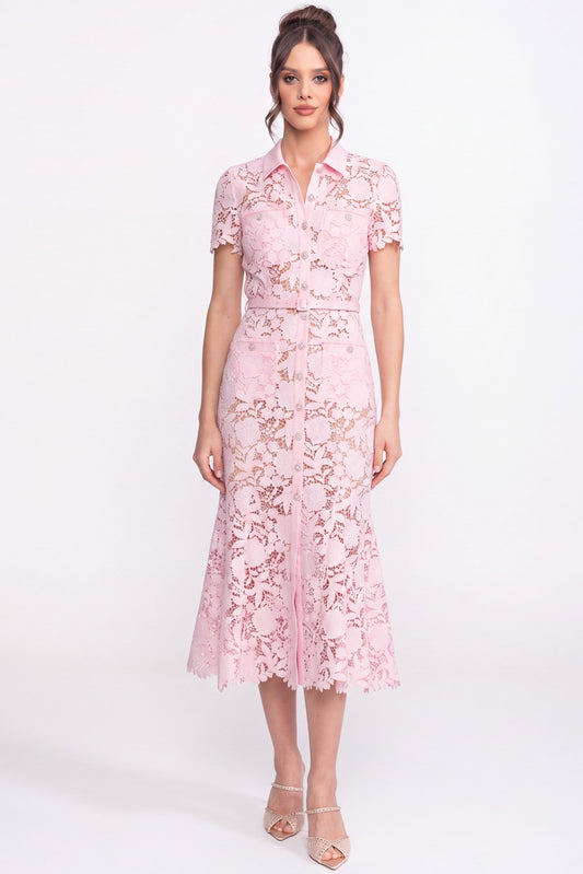 Lace Short Sleeve Collared Midi Dress with Belted Waist – Pink