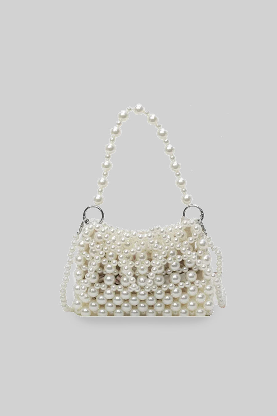 Pearl-Embellished Beaded Handbag with Chain Shoulder Strap – White