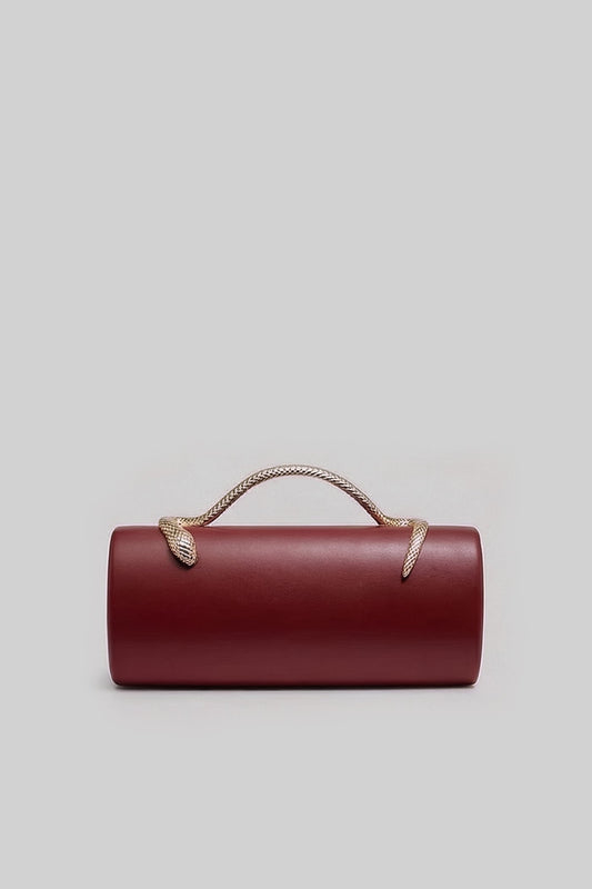 Structured Faux Leather Clutch with Snake Handle and Gold Chain – Burgundy – view 2