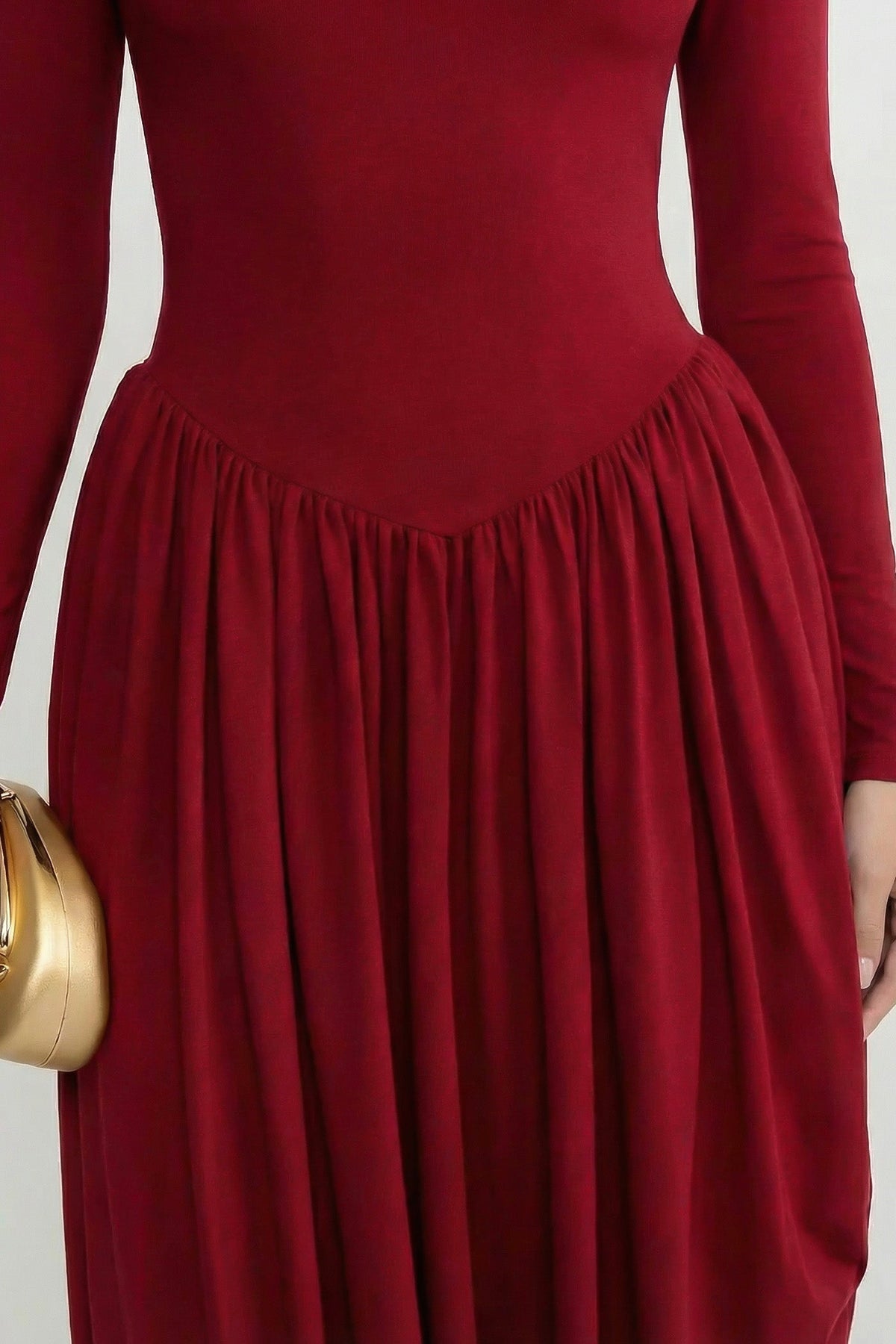 Mock Neck Long Sleeve Maxi Dress with Draped Asymmetric Skirt – Red