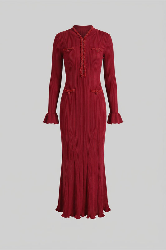 Ribbed Knit Stand Collar Midi Dress with Braided Trim – Burgundy – view 2