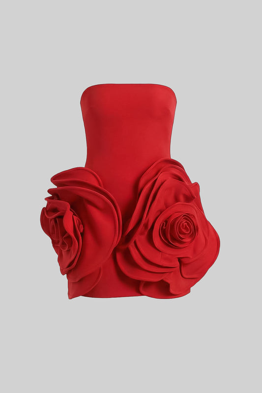 Strapless Sculptural Mini Dress with 3D Rose Appliqués – Red – view 2