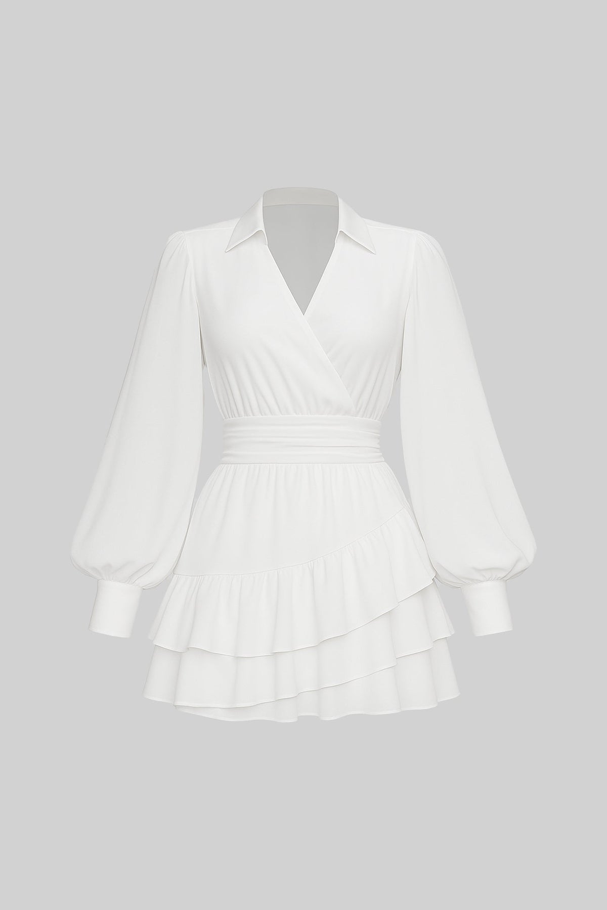 Sheer Puff Sleeve Deep V Dress with Cinched Waist and Back Cutout – White