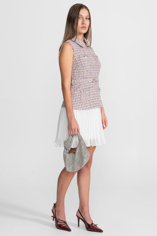 Sleeveless Tweed Vest Dress with Pleated Chiffon Skirt – Pink & White – view 2