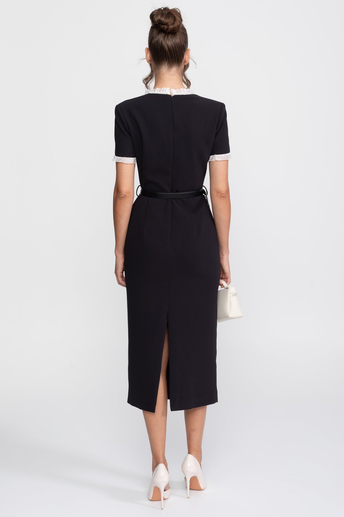 Short Sleeve Square Neck Belted Midi Dress with Ruffle Trim – Black